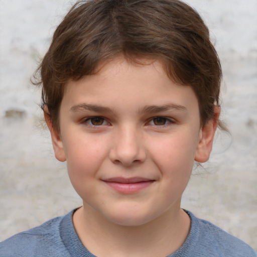 Joyful white child female with short  brown hair and grey eyes