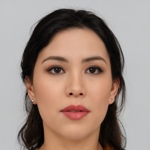 Neutral asian young-adult female with long  black hair and brown eyes