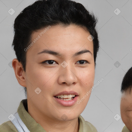 Joyful asian young-adult female with short  brown hair and brown eyes