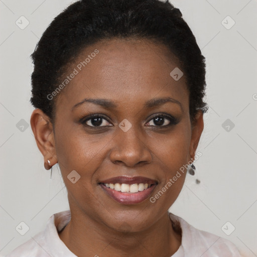 Joyful black young-adult female with short  brown hair and brown eyes