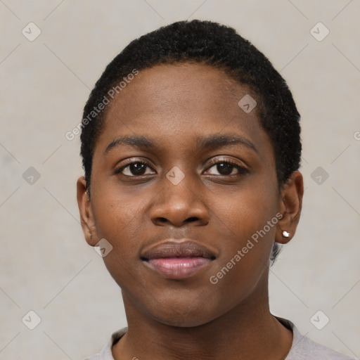 Neutral black young-adult female with short  black hair and brown eyes