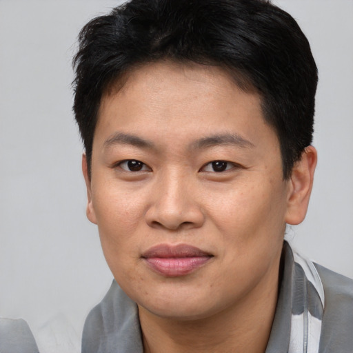 Joyful asian young-adult female with short  brown hair and brown eyes