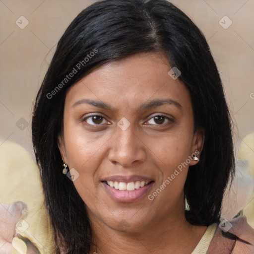 Joyful white young-adult female with medium  brown hair and brown eyes