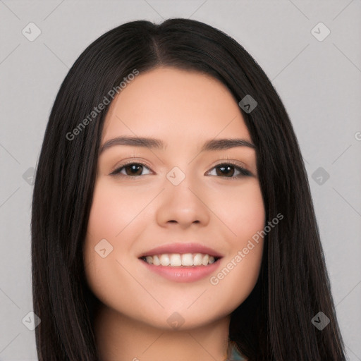 Joyful white young-adult female with long  black hair and brown eyes