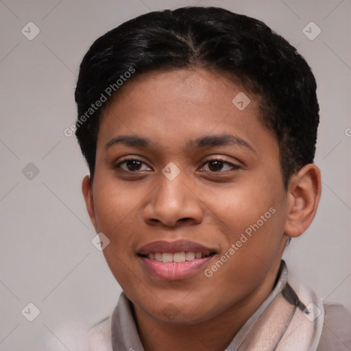 Joyful latino young-adult female with short  brown hair and brown eyes