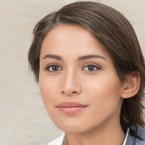 Neutral white young-adult female with medium  brown hair and brown eyes