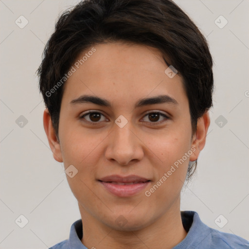 Joyful white young-adult female with short  brown hair and brown eyes