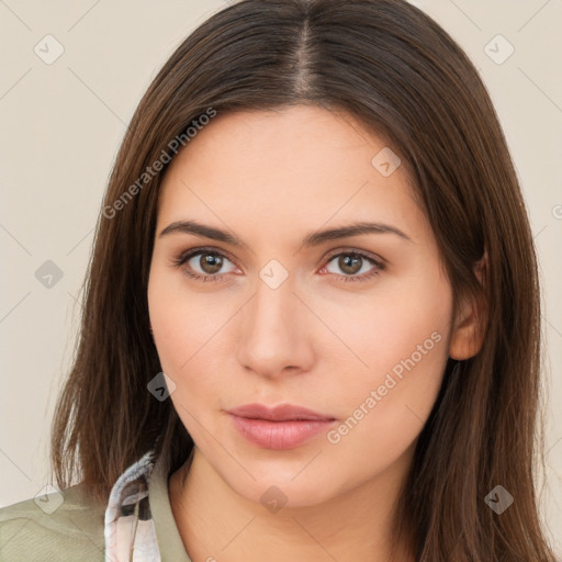 Neutral white young-adult female with long  brown hair and brown eyes