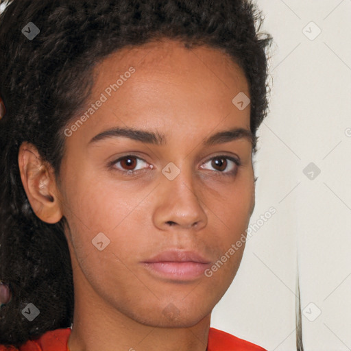Neutral white young-adult female with short  brown hair and brown eyes