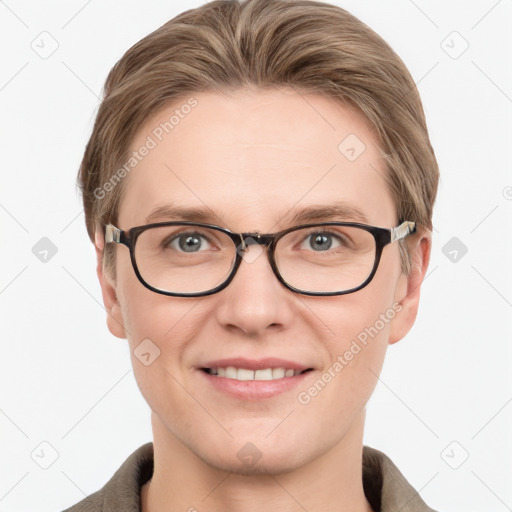 Joyful white young-adult female with short  brown hair and grey eyes