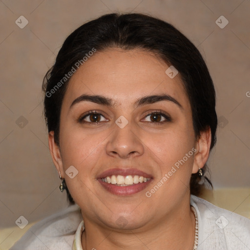 Joyful white young-adult female with medium  brown hair and brown eyes