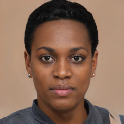 Neutral black young-adult female with short  black hair and brown eyes