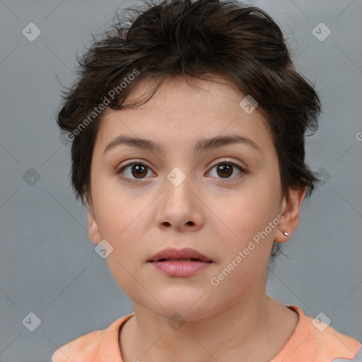 Neutral white young-adult female with short  brown hair and brown eyes