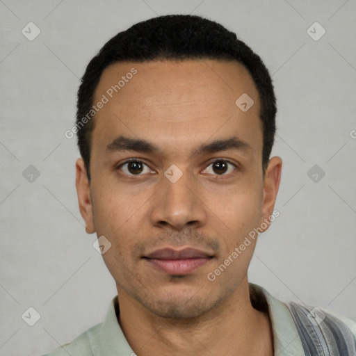 Neutral latino young-adult male with short  black hair and brown eyes