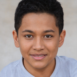 Joyful latino young-adult male with short  brown hair and brown eyes