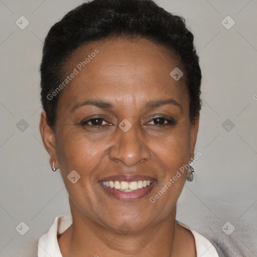 Joyful black adult female with short  brown hair and brown eyes