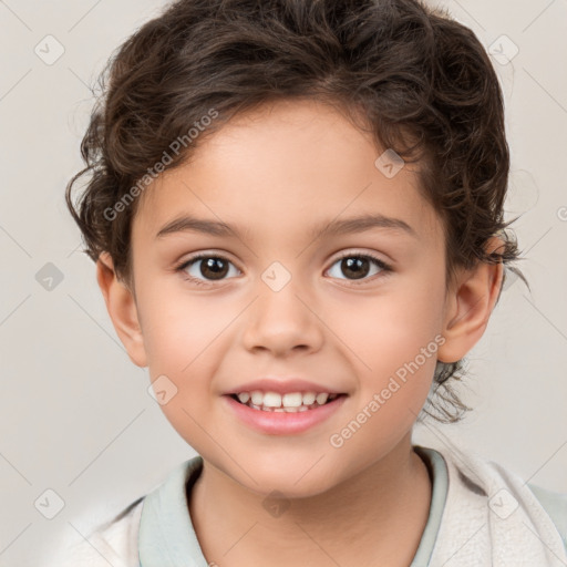 Joyful white child female with short  brown hair and brown eyes