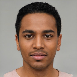 Neutral latino young-adult male with short  black hair and brown eyes
