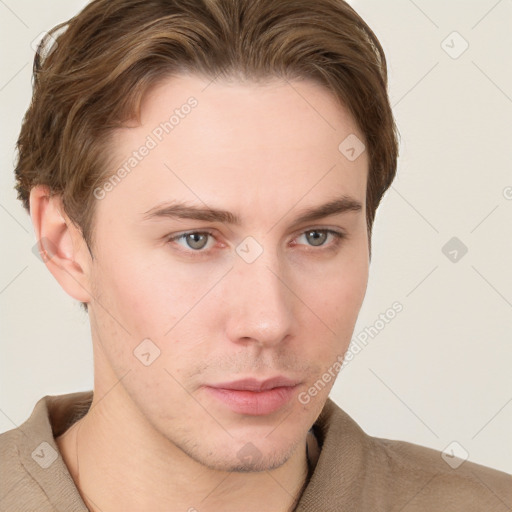 Neutral white young-adult male with short  brown hair and grey eyes