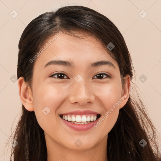 Joyful white young-adult female with long  brown hair and brown eyes