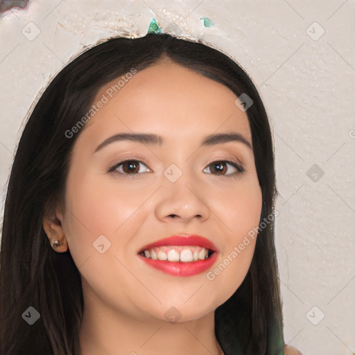 Joyful white young-adult female with long  black hair and brown eyes