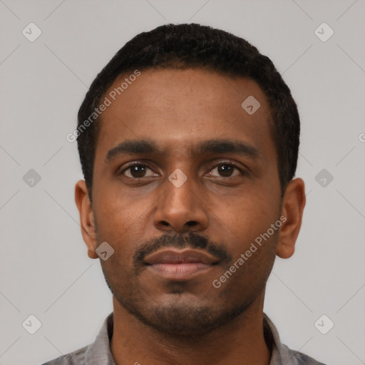 Neutral black young-adult male with short  black hair and brown eyes