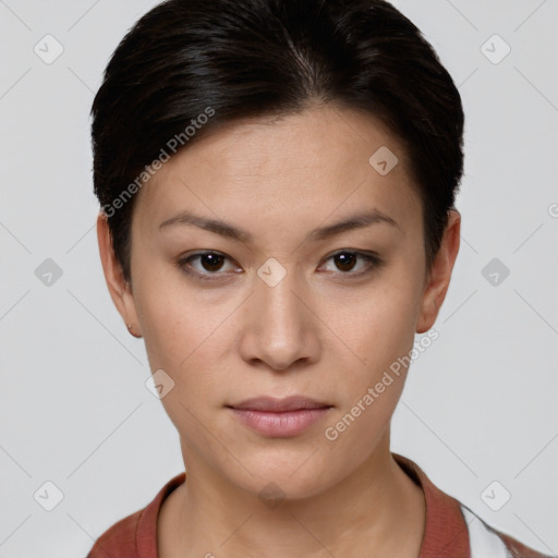 Neutral white young-adult female with short  brown hair and brown eyes