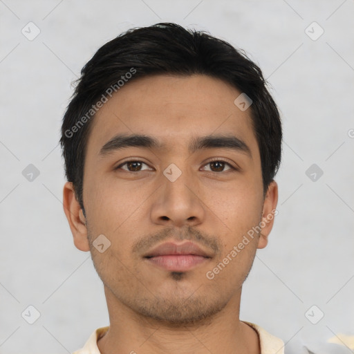 Neutral asian young-adult male with short  black hair and brown eyes