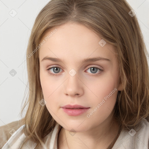 Neutral white young-adult female with medium  brown hair and grey eyes