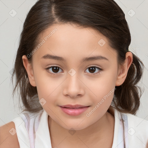 Joyful white child female with medium  brown hair and brown eyes