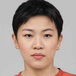 Neutral asian young-adult female with short  black hair and brown eyes