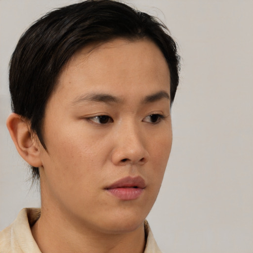 Neutral asian young-adult female with short  brown hair and brown eyes