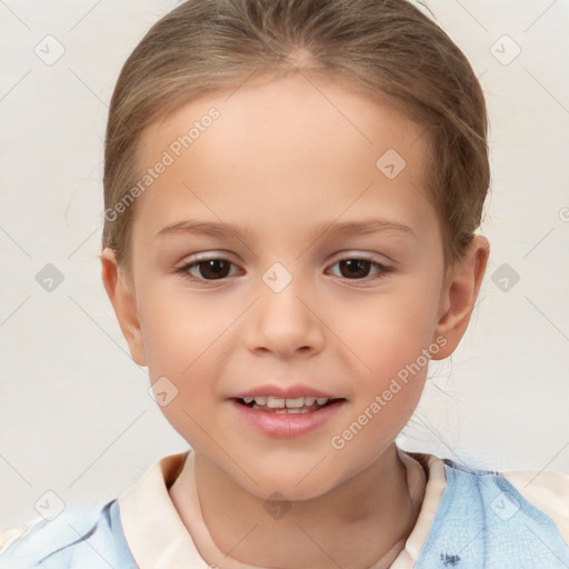 Joyful white child female with short  brown hair and brown eyes