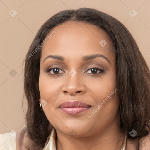 Joyful latino young-adult female with long  brown hair and brown eyes