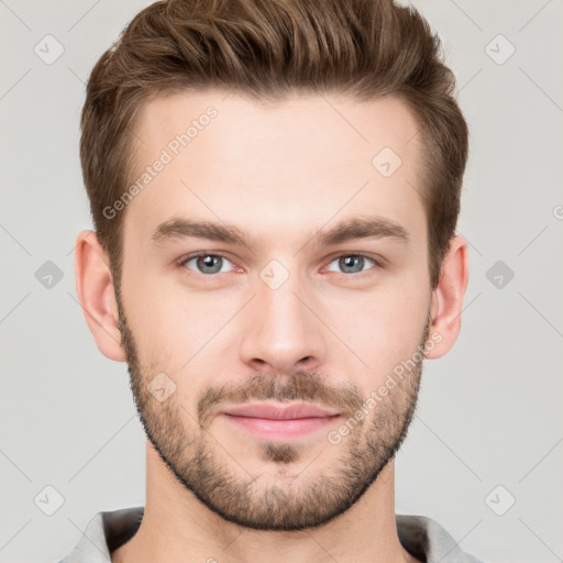 Neutral white young-adult male with short  brown hair and grey eyes