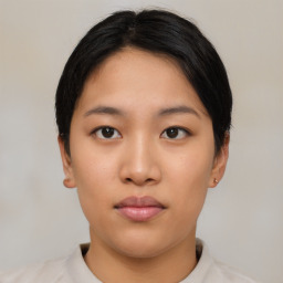 Neutral asian young-adult female with short  black hair and brown eyes