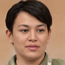 Joyful asian young-adult female with short  brown hair and brown eyes