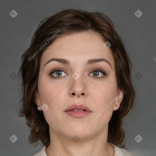 Neutral white young-adult female with medium  brown hair and brown eyes