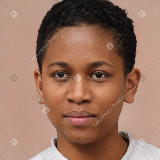 Neutral black young-adult female with short  black hair and brown eyes