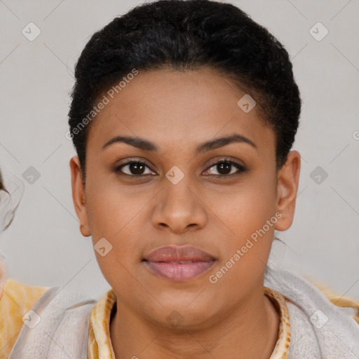 Joyful latino young-adult female with short  brown hair and brown eyes