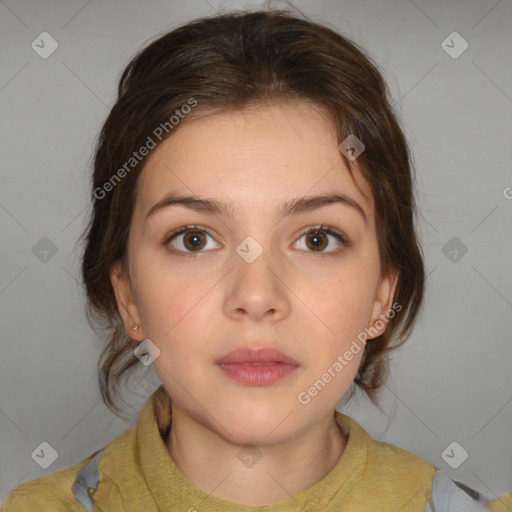 Neutral white young-adult female with medium  brown hair and brown eyes