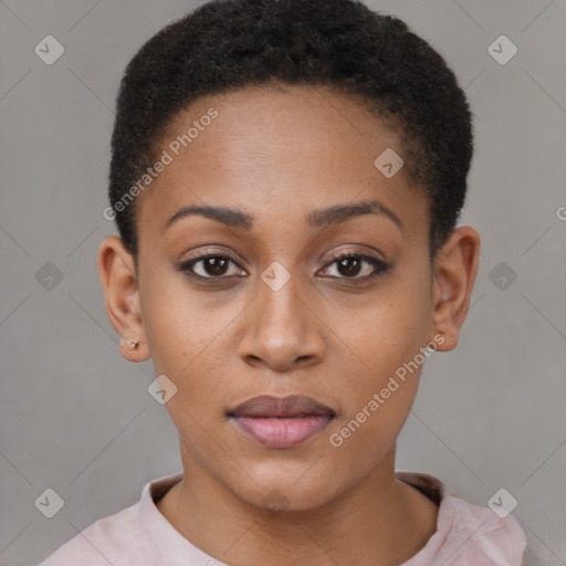 Neutral black young-adult female with short  brown hair and brown eyes