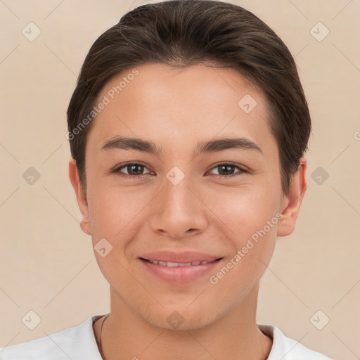 Joyful white young-adult female with short  brown hair and brown eyes