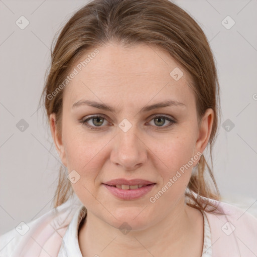 Joyful white young-adult female with medium  brown hair and grey eyes