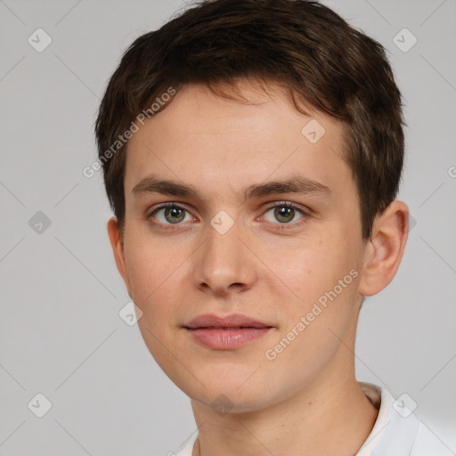 Neutral white young-adult male with short  brown hair and brown eyes