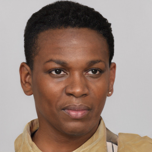 Neutral black young-adult female with short  brown hair and brown eyes
