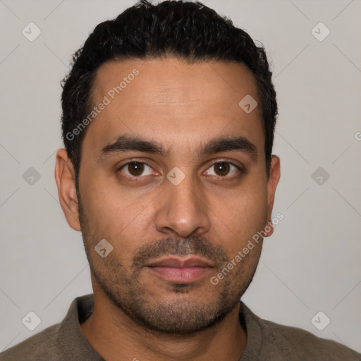 Neutral latino young-adult male with short  black hair and brown eyes