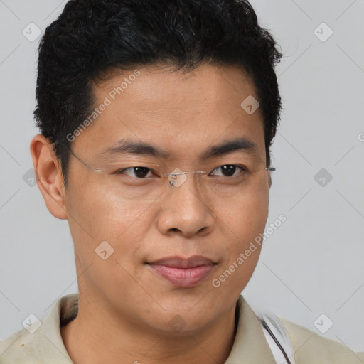 Joyful asian young-adult male with short  brown hair and brown eyes