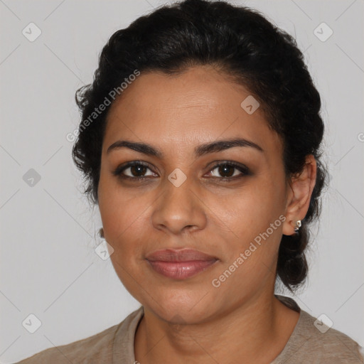 Joyful latino young-adult female with medium  black hair and brown eyes