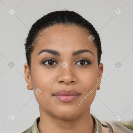 Joyful latino young-adult female with short  black hair and brown eyes